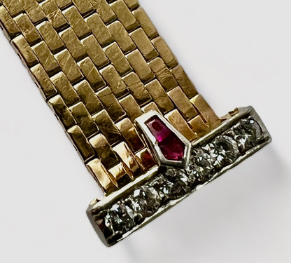 SUSPENDED WHILE SEEK UPDATED APPRAISAL on the PRECIOUS METALS/INQUIRE WITH INTEREST/  YELLOW GOLD & PLATINUM MESH CARTIER STYLE BELT RING NATURAL RUBY & DIAMONDS ADJUSTABLE SIZE