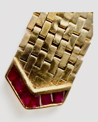SUSPENDED WHILE SEEK UPDATED APPRAISAL on the PRECIOUS METALS/INQUIRE WITH INTEREST/  YELLOW GOLD & PLATINUM MESH CARTIER STYLE BELT RING NATURAL RUBY & DIAMONDS ADJUSTABLE SIZE