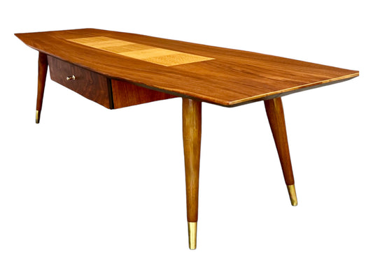 GORGEOUS EXOTIC WOOD SURFBOARD COFFEE TABLE w/ SPLAYED BRASS CAP TAPERED PEG LEGS/ CENTRAL CONTRAST EXOTIC WOOD INLAY & STORAGE DRAWER