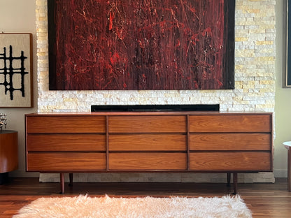 GORGEOUS 9 DRAWER 2 TONE TEAK & AFROMOSIA DRESSER w/ PEGGED LEGS and REFINISHED CASE