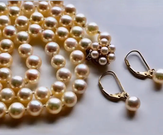 GORGEOUS REAL PEARL NECKLACE & DROP EARRINGS W/ 14KT GOLD FINDINGS