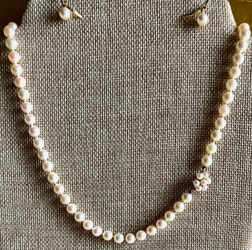 GORGEOUS REAL PEARL NECKLACE & DROP EARRINGS W/ 14KT GOLD FINDINGS