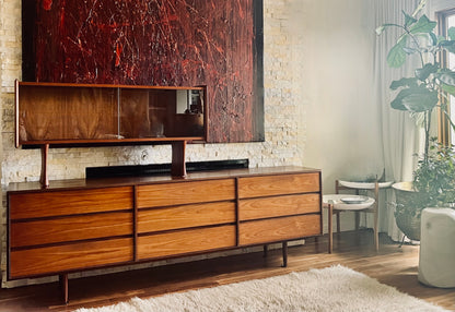 GORGEOUS 9 DRAWER 2 TONE TEAK & AFROMOSIA DRESSER w/ PEGGED LEGS and REFINISHED CASE