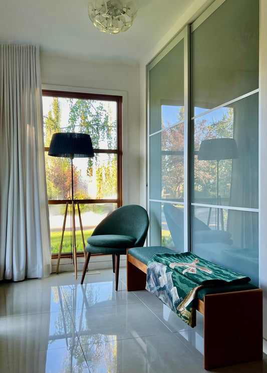 MADE in DENMARK by VAMDRUP STOLEFABRIK LONG TEAK BENCH w/ FRESH MAHARAM KVADRAT COMMERICAL GRADE MOSSY GREEN WOOL FLANNEL UPHOLSTERY/VANDRUPSTOLEFABRIK