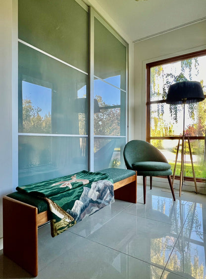 MADE in DENMARK by VAMDRUP STOLEFABRIK LONG TEAK BENCH w/ FRESH MAHARAM KVADRAT COMMERICAL GRADE MOSSY GREEN WOOL FLANNEL UPHOLSTERY/VANDRUPSTOLEFABRIK