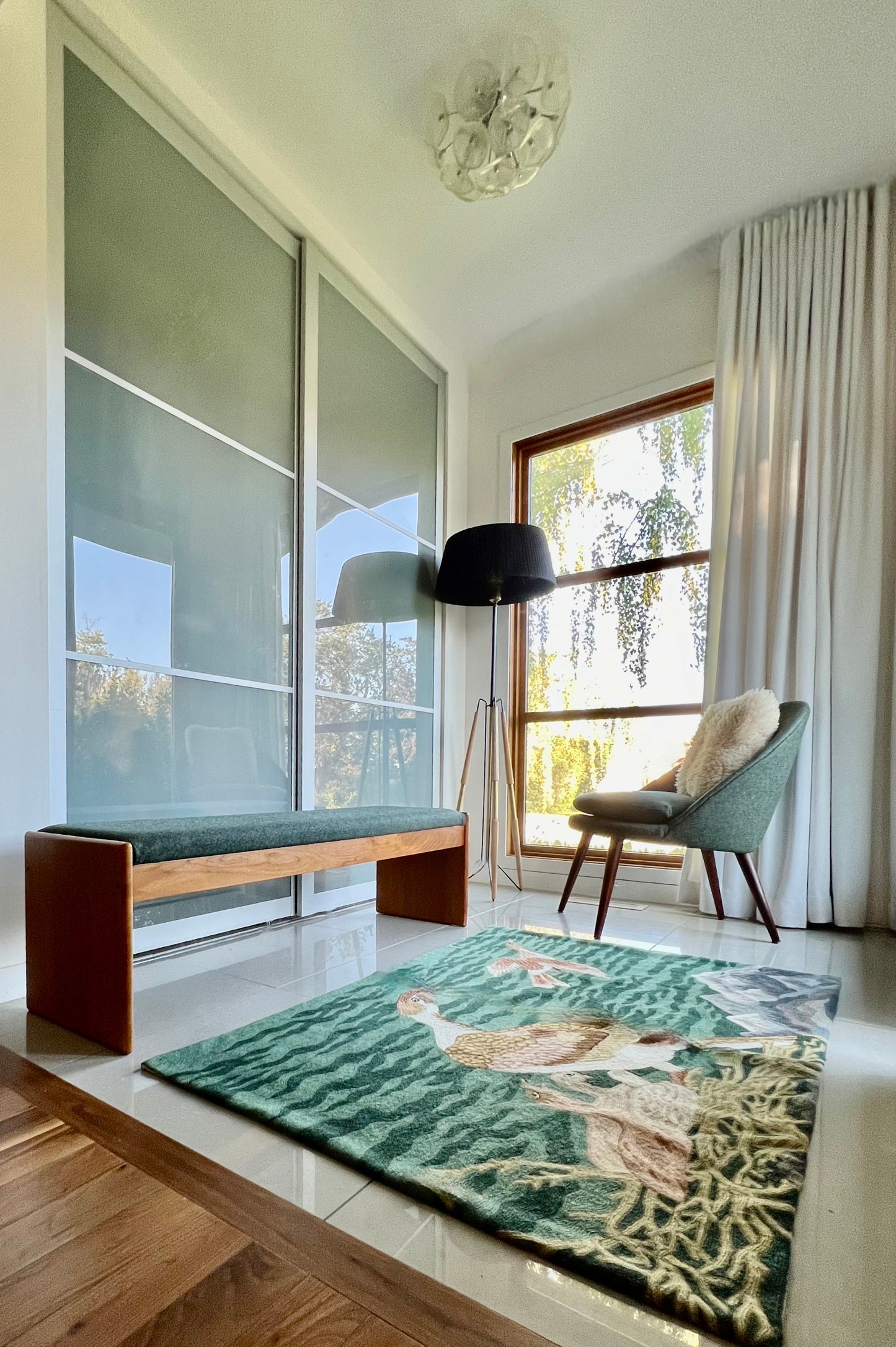 MADE in DENMARK by VAMDRUP STOLEFABRIK LONG TEAK BENCH w/ FRESH MAHARAM KVADRAT COMMERICAL GRADE MOSSY GREEN WOOL FLANNEL UPHOLSTERY/VANDRUPSTOLEFABRIK