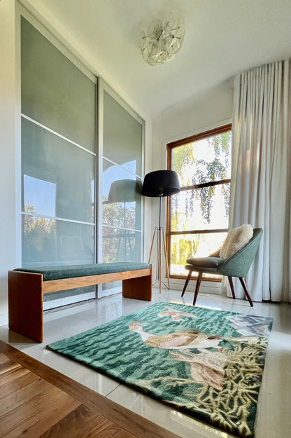 MADE in DENMARK by VAMDRUP STOLEFABRIK LONG TEAK BENCH w/ FRESH MAHARAM KVADRAT COMMERICAL GRADE MOSSY GREEN WOOL FLANNEL UPHOLSTERY/VANDRUPSTOLEFABRIK