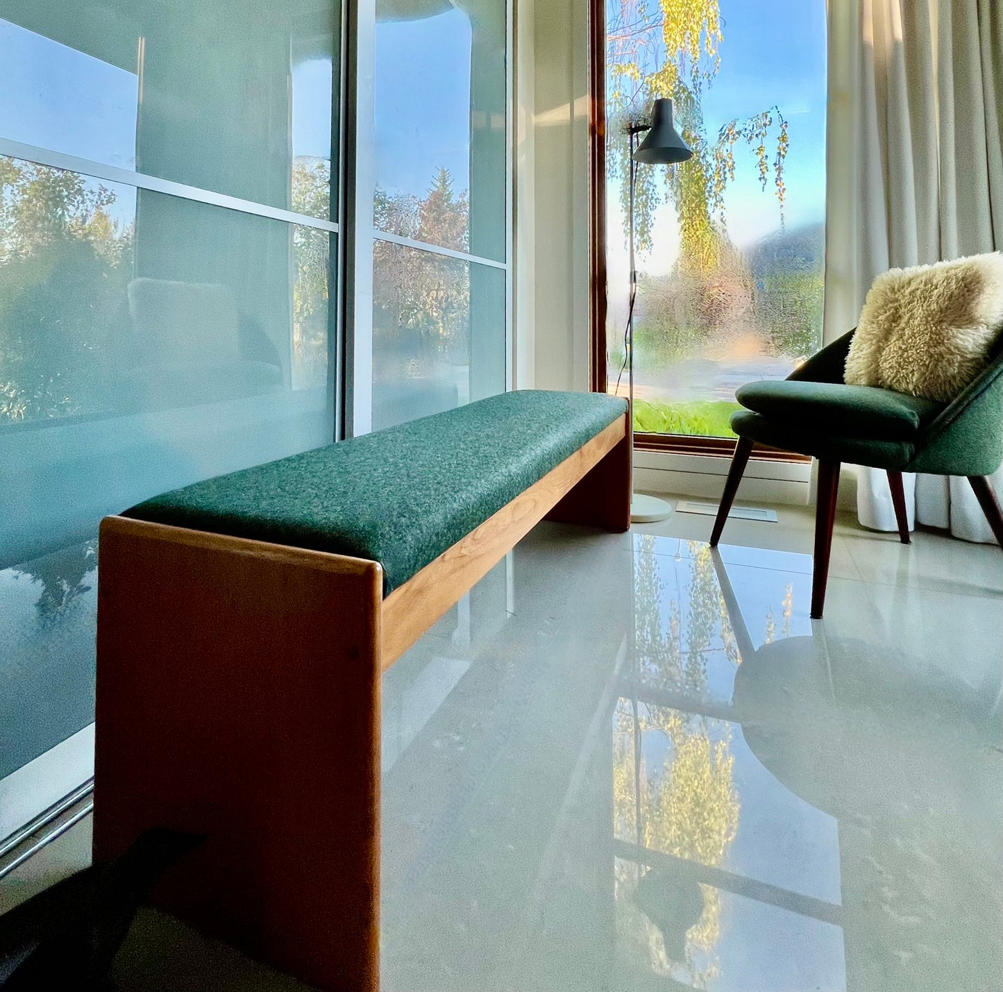 MADE in DENMARK by VAMDRUP STOLEFABRIK LONG TEAK BENCH w/ FRESH MAHARAM KVADRAT COMMERICAL GRADE MOSSY GREEN WOOL FLANNEL UPHOLSTERY/VANDRUPSTOLEFABRIK