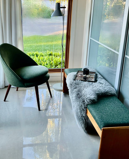 MADE in DENMARK by VAMDRUP STOLEFABRIK LONG TEAK BENCH w/ FRESH MAHARAM KVADRAT COMMERICAL GRADE MOSSY GREEN WOOL FLANNEL UPHOLSTERY/VANDRUPSTOLEFABRIK