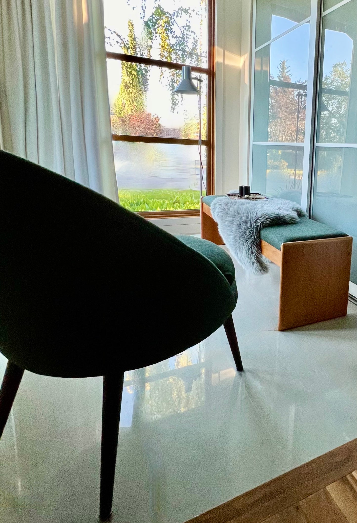 MADE in DENMARK by VAMDRUP STOLEFABRIK LONG TEAK BENCH w/ FRESH MAHARAM KVADRAT COMMERICAL GRADE MOSSY GREEN WOOL FLANNEL UPHOLSTERY/VANDRUPSTOLEFABRIK