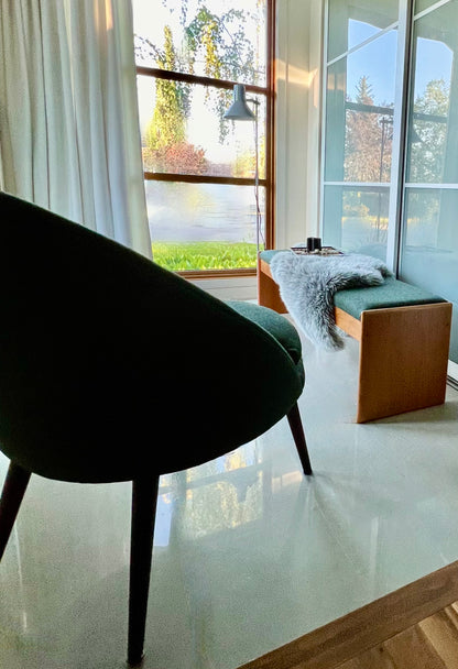 MADE in DENMARK by VAMDRUP STOLEFABRIK LONG TEAK BENCH w/ FRESH MAHARAM KVADRAT COMMERICAL GRADE MOSSY GREEN WOOL FLANNEL UPHOLSTERY/VANDRUPSTOLEFABRIK