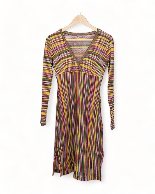 MISSONI SPORT STRIPE KNIT DEEP V NECK LONG SLEEVE MINI DRESS