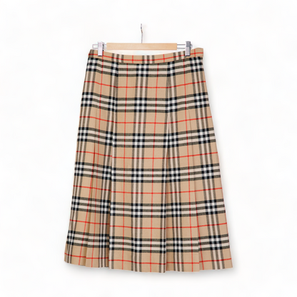 VINTAGE BURBERRY WOOL NOVA CHECK PLAID PLEATED A-LINE LONG MIDI SKIRT