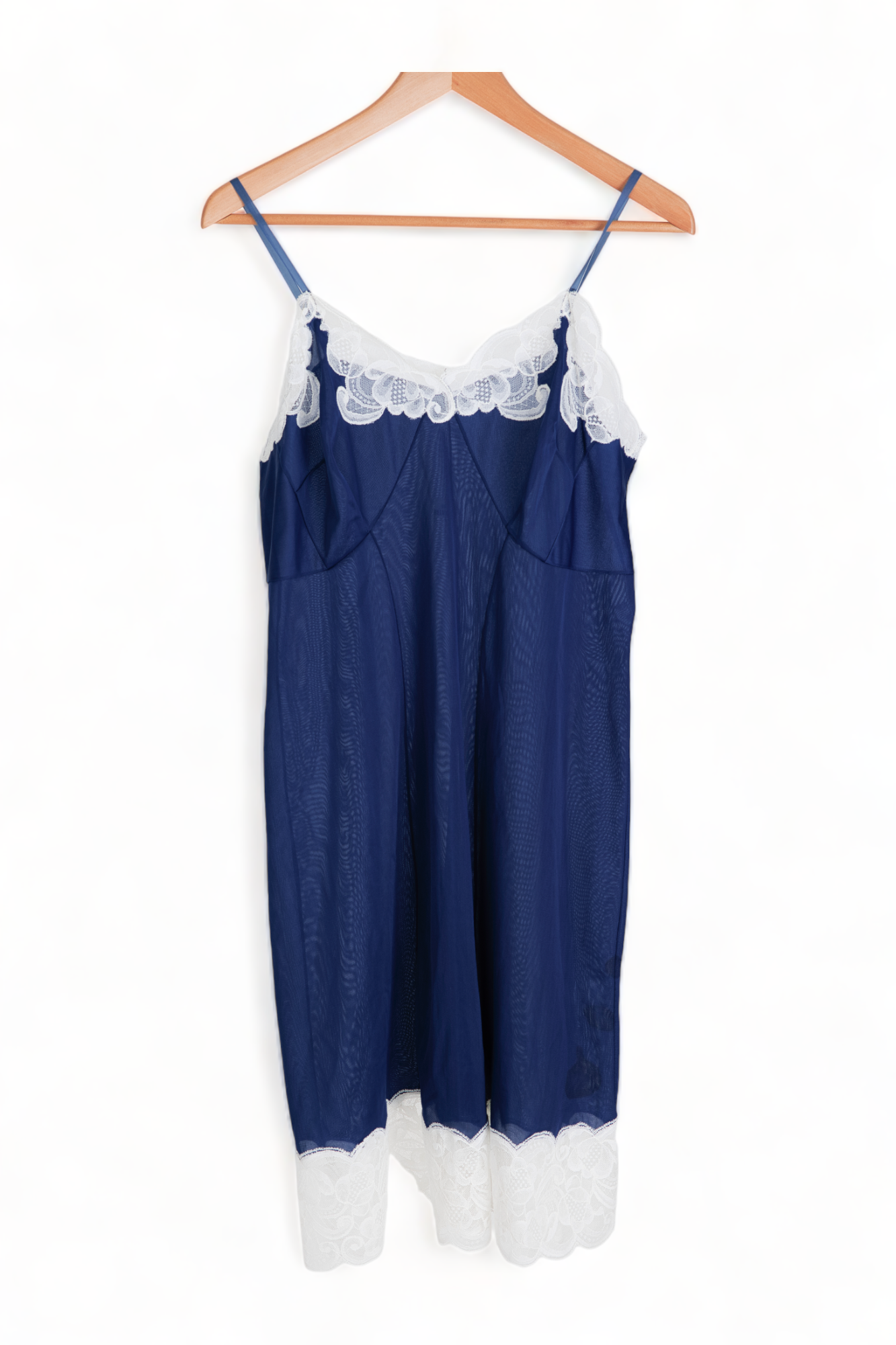 VINTAGE GORGEOUS DEEP BLUE FABELNYL SLIP w/ WHITE LACE DETAIL PINUP DRESS LINGERIE NIGHTIE