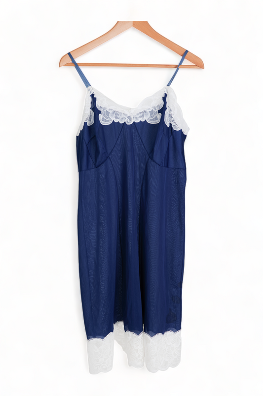 VINTAGE GORGEOUS DEEP BLUE FABELNYL SLIP w/ WHITE LACE DETAIL PINUP DRESS LINGERIE NIGHTIE
