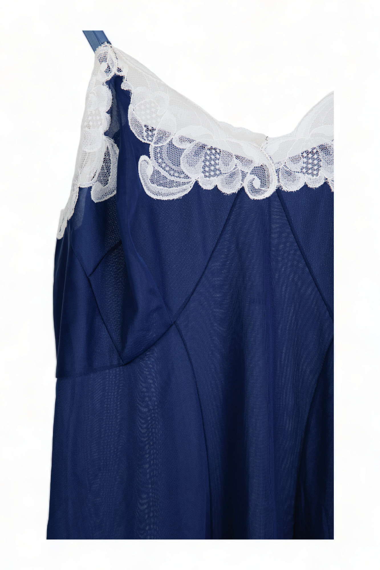 VINTAGE GORGEOUS DEEP BLUE FABELNYL SLIP w/ WHITE LACE DETAIL PINUP DRESS LINGERIE NIGHTIE