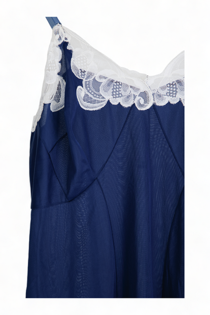 VINTAGE GORGEOUS DEEP BLUE FABELNYL SLIP w/ WHITE LACE DETAIL PINUP DRESS LINGERIE NIGHTIE