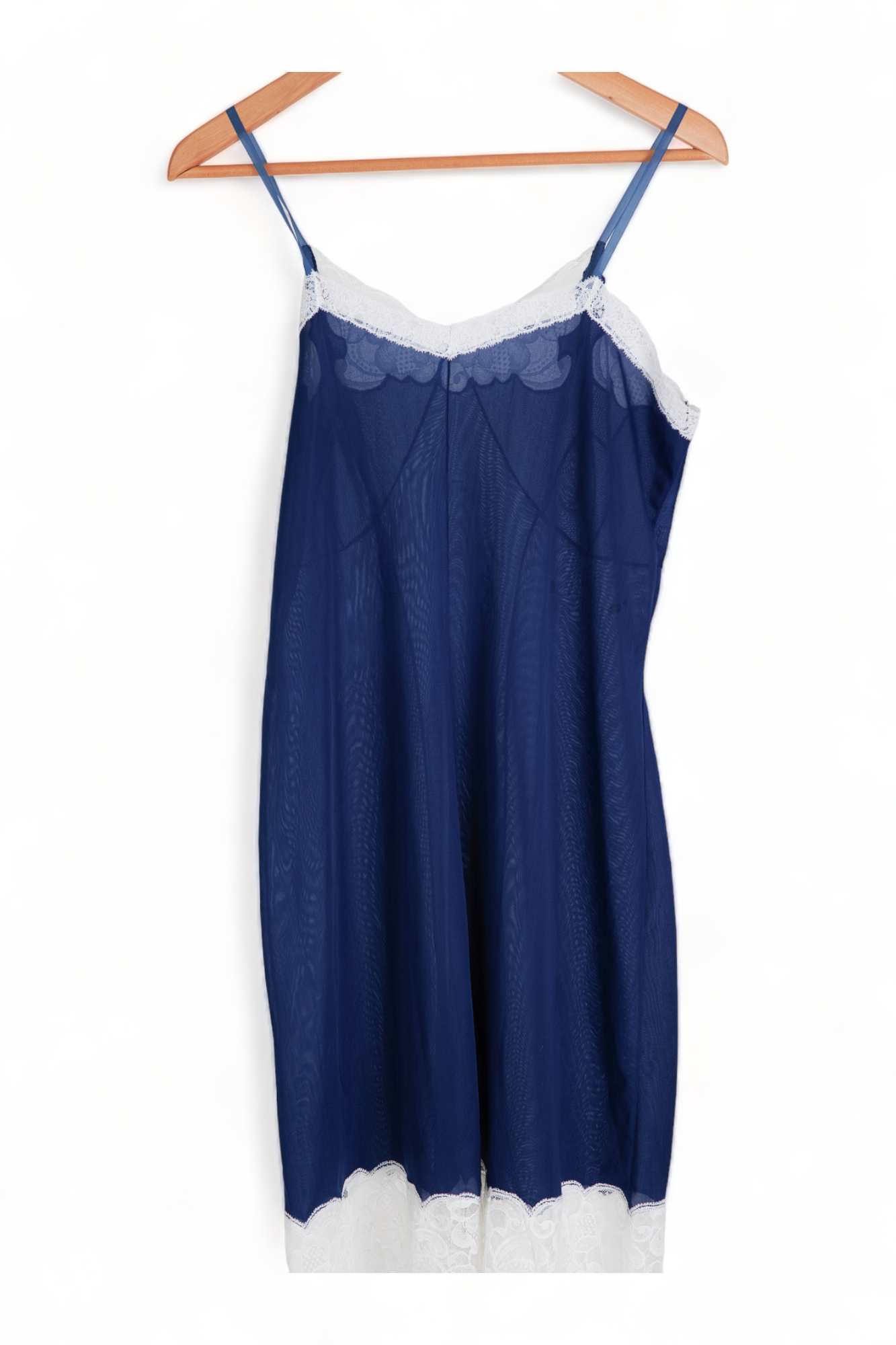 VINTAGE GORGEOUS DEEP BLUE FABELNYL SLIP w/ WHITE LACE DETAIL PINUP DRESS LINGERIE NIGHTIE