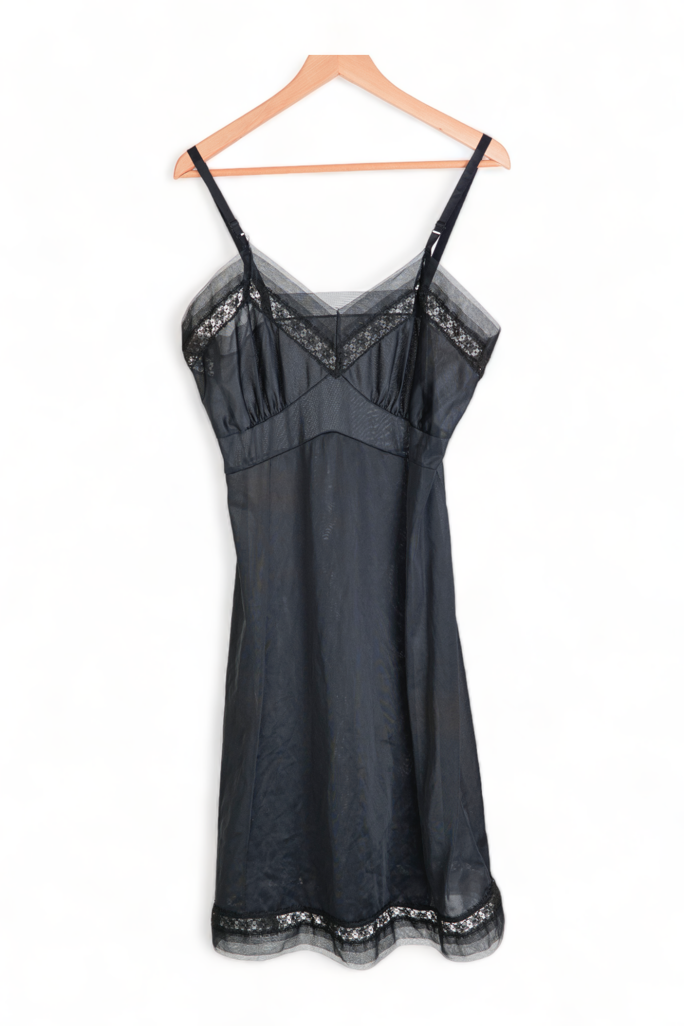 VINTAGE LINGERIE NIGHTIE DRESS SEMI SHEER BLACK Nylon SLIP w/ LACE TRIM