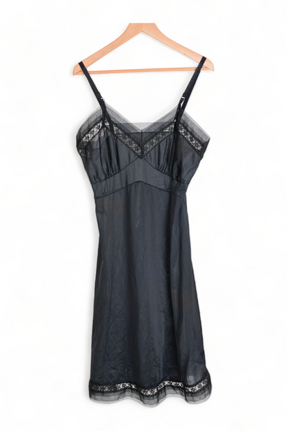 VINTAGE LINGERIE NIGHTIE DRESS SEMI SHEER BLACK Nylon SLIP w/ LACE TRIM