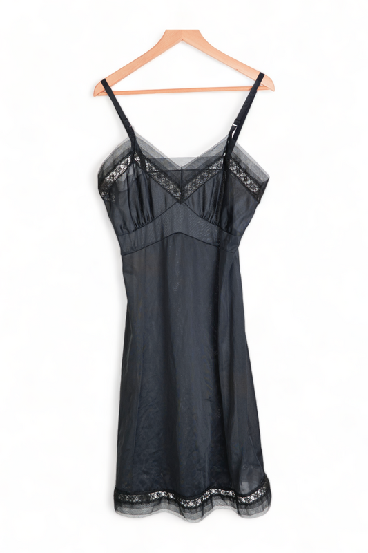 VINTAGE LINGERIE NIGHTIE DRESS SEMI SHEER BLACK Nylon SLIP w/ LACE TRIM