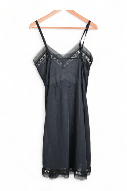 VINTAGE LINGERIE NIGHTIE DRESS SEMI SHEER BLACK Nylon SLIP w/ LACE TRIM