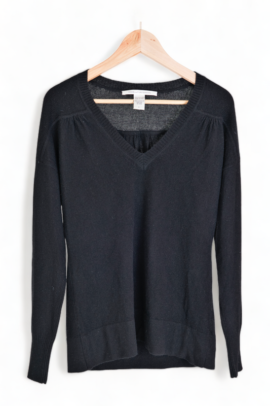 BLACK DIANE VON FURSTENBERG CASHMERE SEMI-SHEER V NECK SWEATER TOP