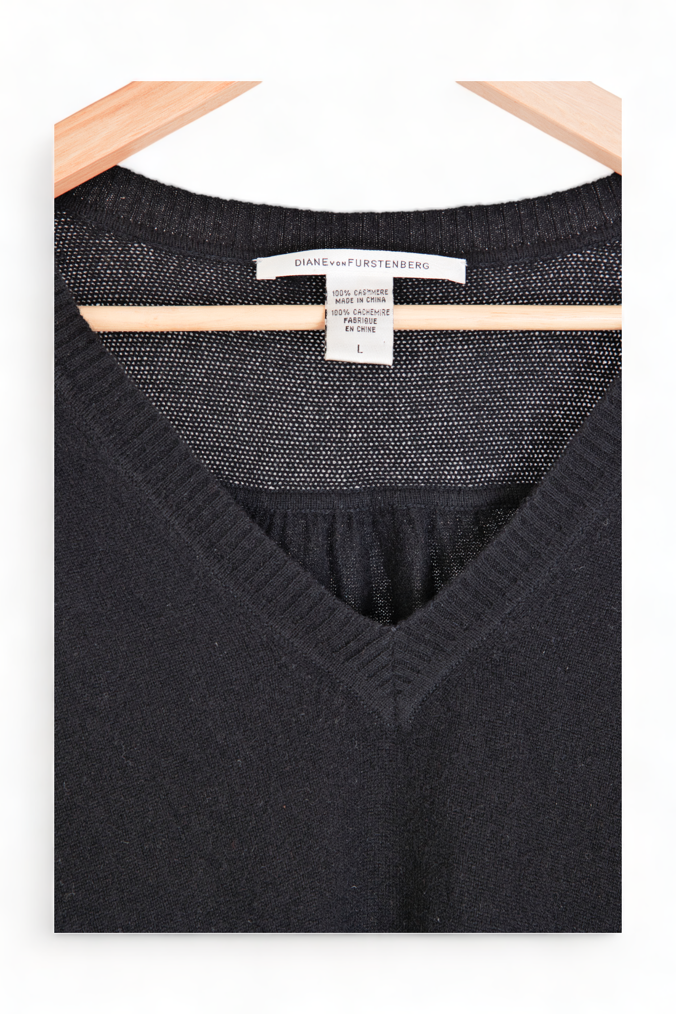 BLACK DIANE VON FURSTENBERG CASHMERE SEMI-SHEER V NECK SWEATER TOP