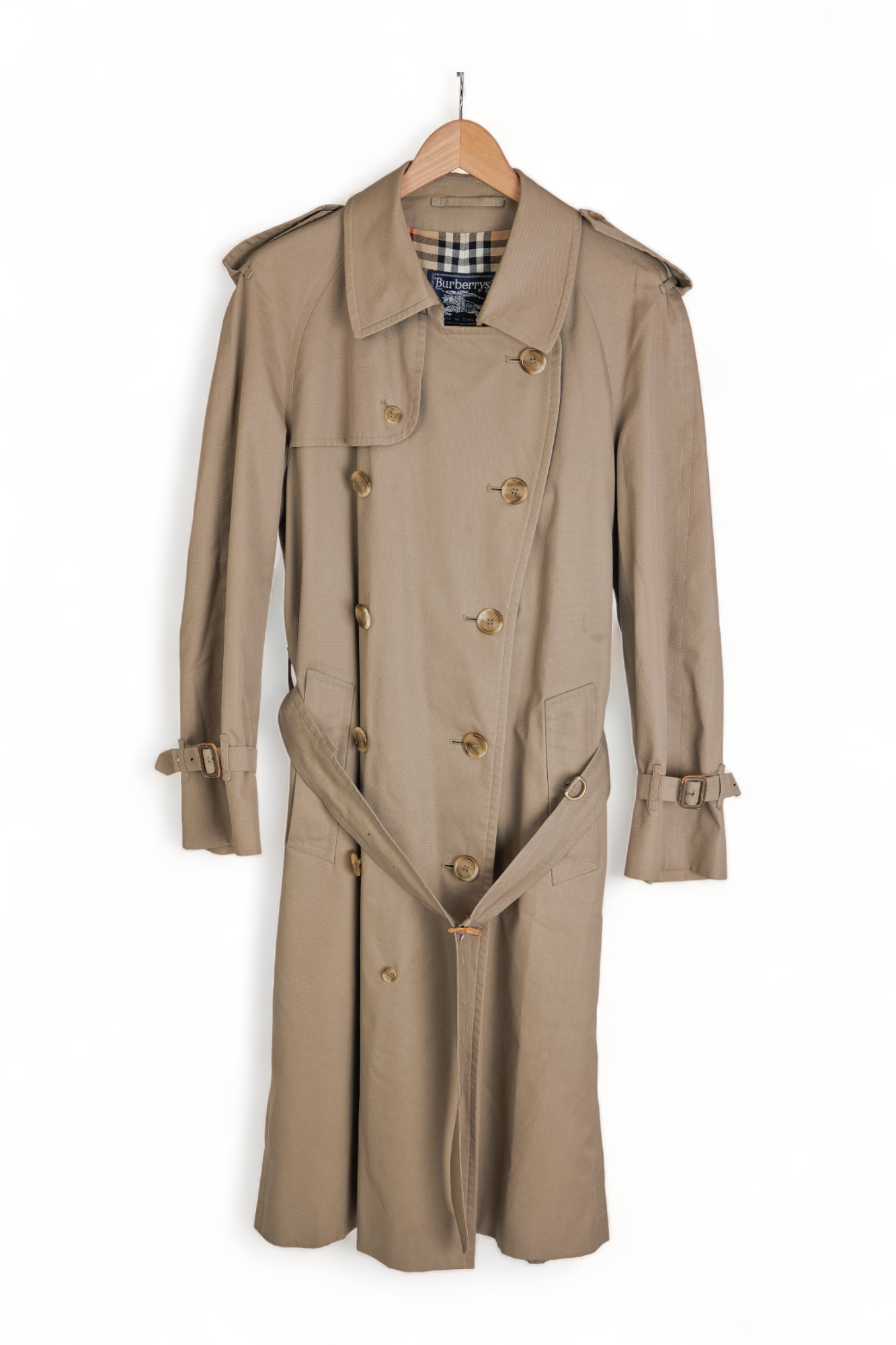 ICONIC VINTAGE BURBERRY PRORSUM OLIVE-TAN HAYMARKET PLAID DOUBLE BREASTED TRENCH COAT