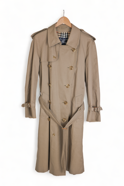 ICONIC VINTAGE BURBERRY PRORSUM OLIVE-TAN HAYMARKET PLAID DOUBLE BREASTED TRENCH COAT