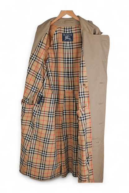 ICONIC VINTAGE BURBERRY PRORSUM OLIVE-TAN HAYMARKET PLAID DOUBLE BREASTED TRENCH COAT