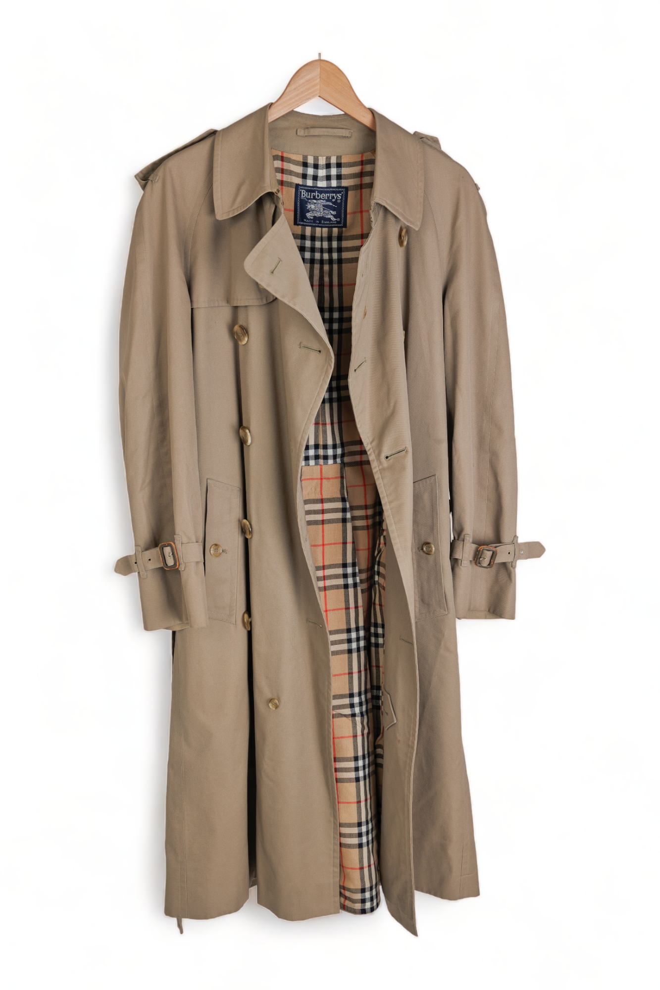 ICONIC VINTAGE BURBERRY PRORSUM OLIVE-TAN HAYMARKET PLAID DOUBLE BREASTED TRENCH COAT