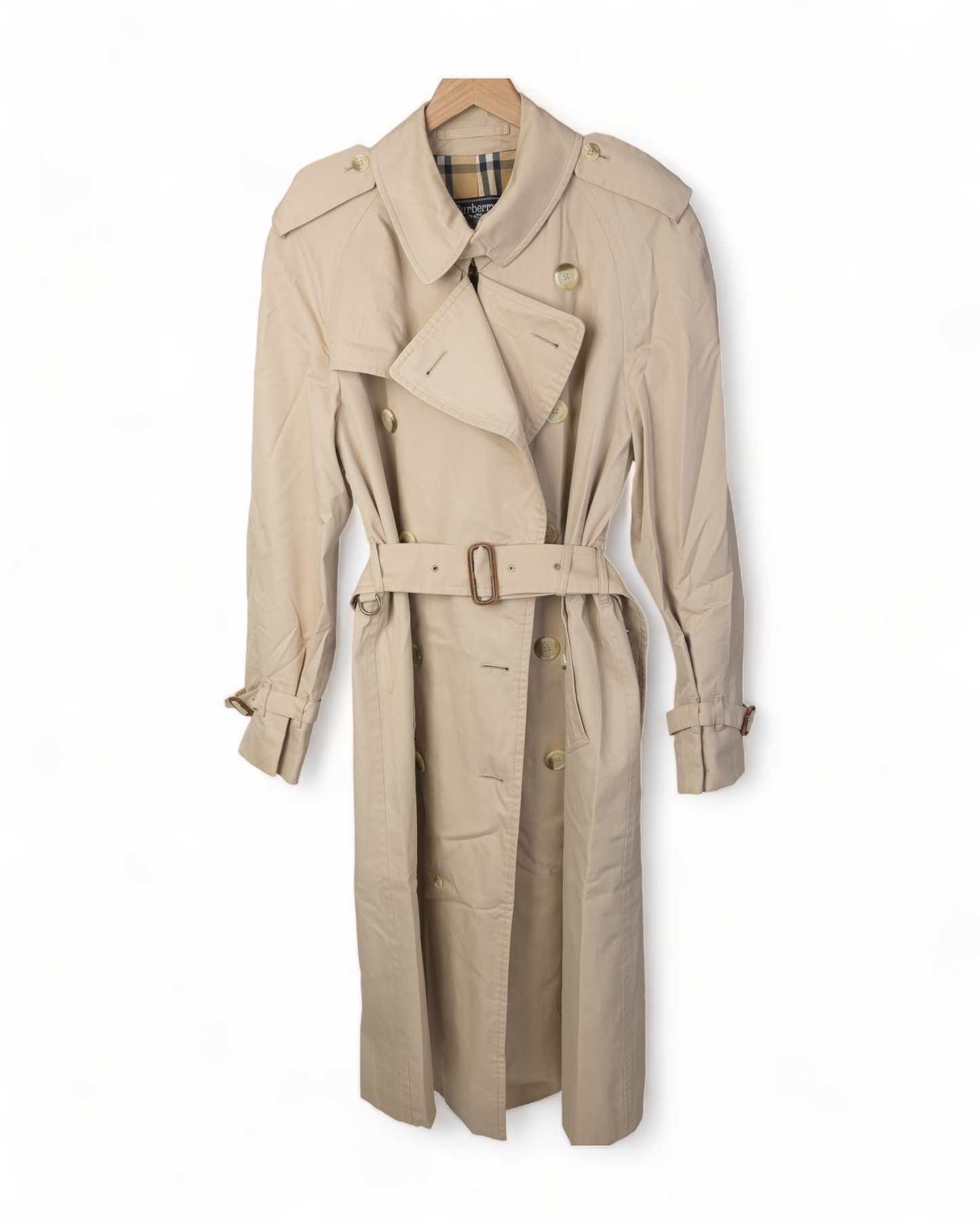 ICONIC VINTAGE BURBERRY HAYMARKET PLAID PRORSUM LIGHT TAN DOUBLE BREASTED TRENCH COAT