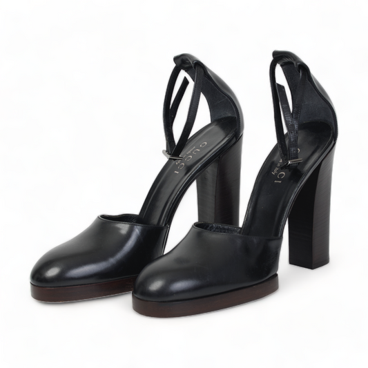 GUCCI VINTAGE PLATFORM ANKLE STRAP SIZE 39 LEATHER SHOES- NEW OLD STOCK