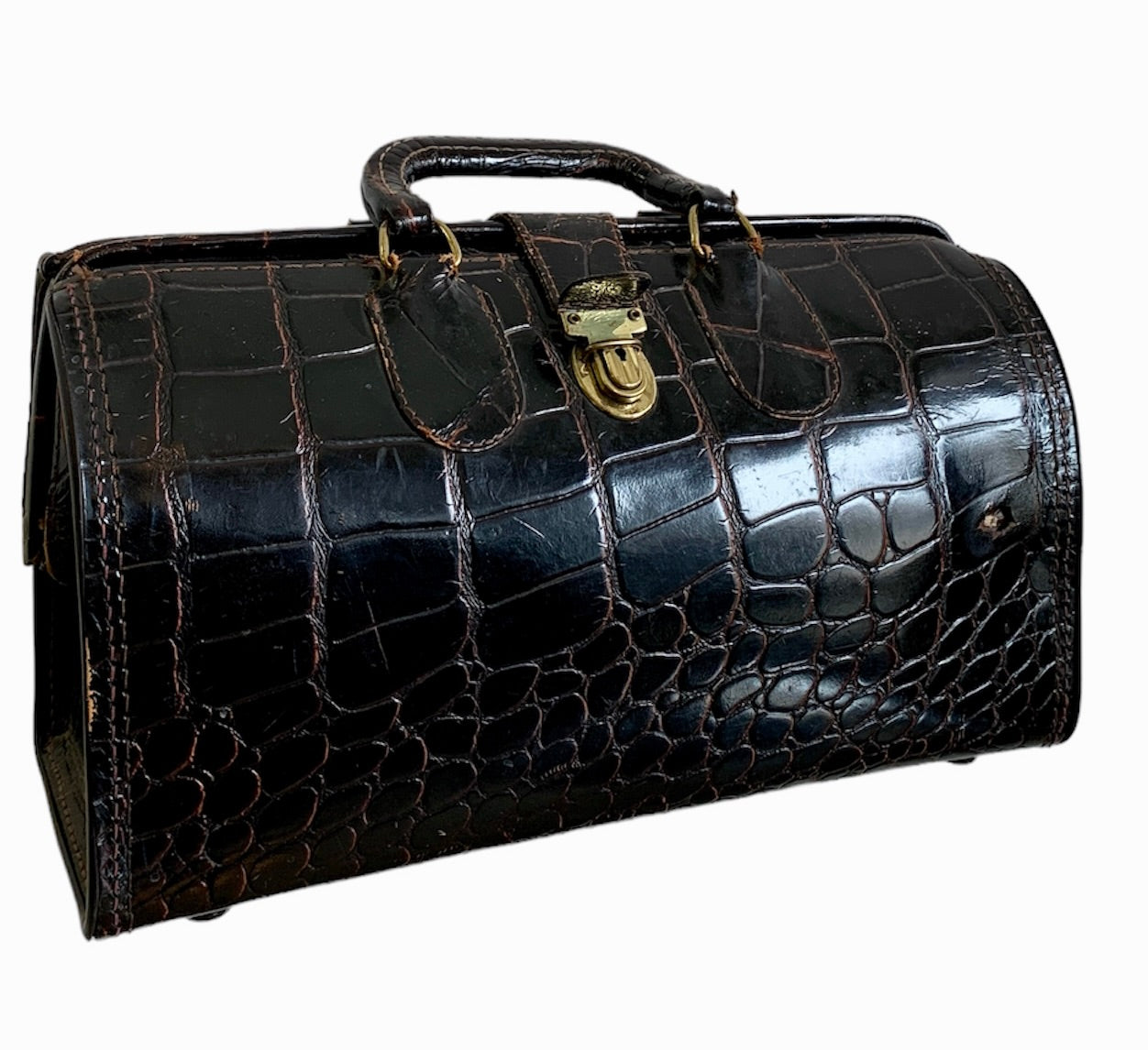 VINTAGE EMBOSSED LEATHER COWHIDE UPJOHN  DOCTORS BAG PURSE SMALL CASE