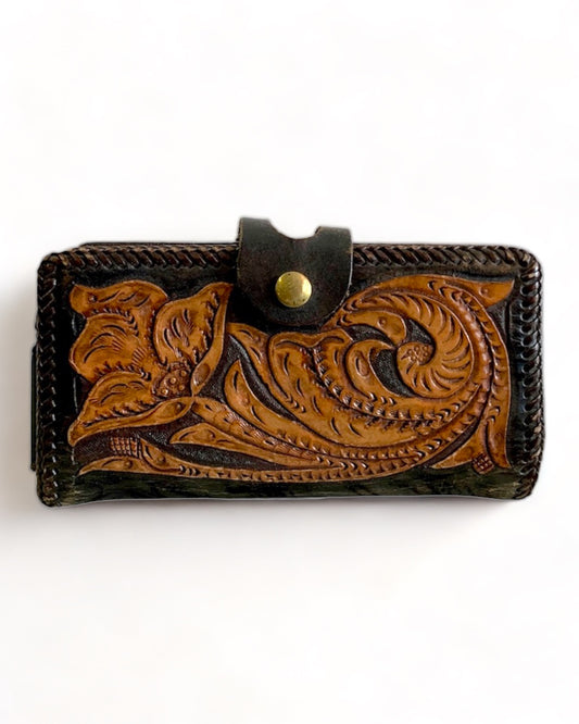 HAND-TOOLED MOTIF WESTERN-STYLE LEATHER WALLET CLUTCH PURSE