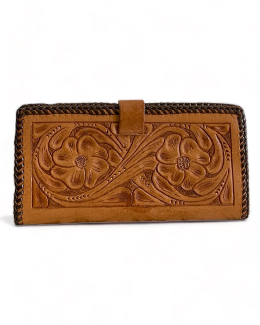 HAND TOOLED WESTERN STYLE LEATHER WILD ROSE FLORAL MOTIF WALLET CLUTCH PURSE