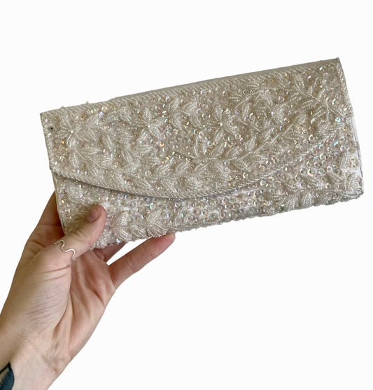 1950s HANDMADE BEADED CREAM SATIN EVENING CLUTCH