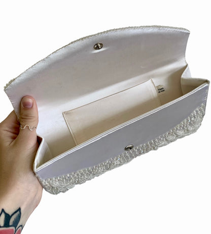 1950s HANDMADE BEADED CREAM SATIN EVENING CLUTCH