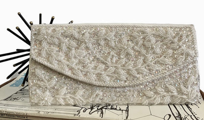 1950s HANDMADE BEADED CREAM SATIN EVENING CLUTCH