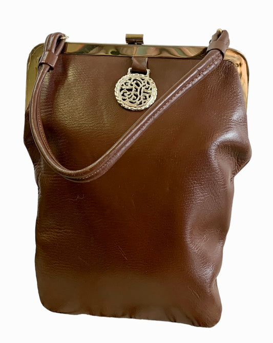 1940s/50s BROWN LEATHER TOP HANDLE HANDBAG w/ BRASS DETAILS