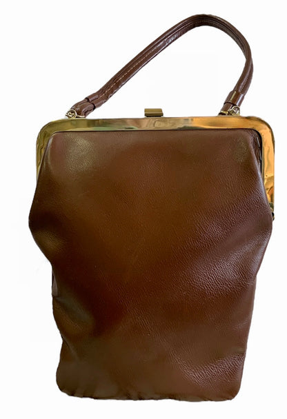 1940s/50s BROWN LEATHER TOP HANDLE HANDBAG w/ BRASS DETAILS