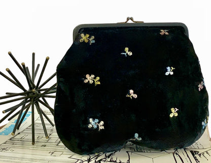 VINTAGE BLACK VELVET CLUTCH/ FITS A PHONE PURSE