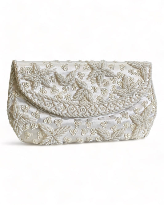 PEARL SATIN BEADED EMBROIDERY CLUTCH FORMAL/WEDDING/ EVENING PURSE