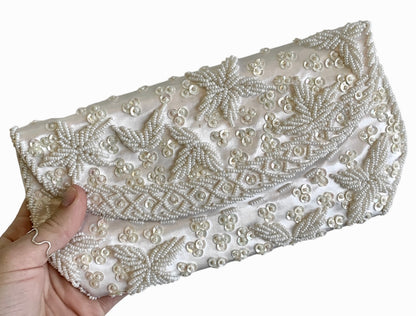 PEARL SATIN BEADED EMBROIDERY CLUTCH FORMAL/WEDDING/ EVENING PURSE