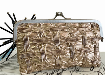 PLEATED LEATHER NICOLE MILLER GOLDTONE CROSSHATCH COIN PURSE