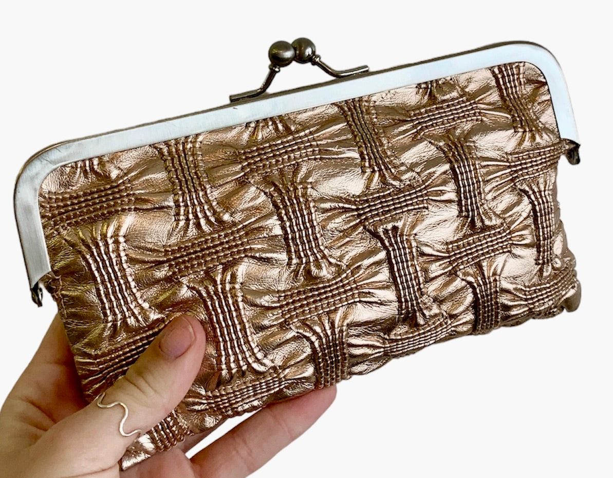 PLEATED LEATHER NICOLE MILLER GOLDTONE CROSSHATCH COIN PURSE