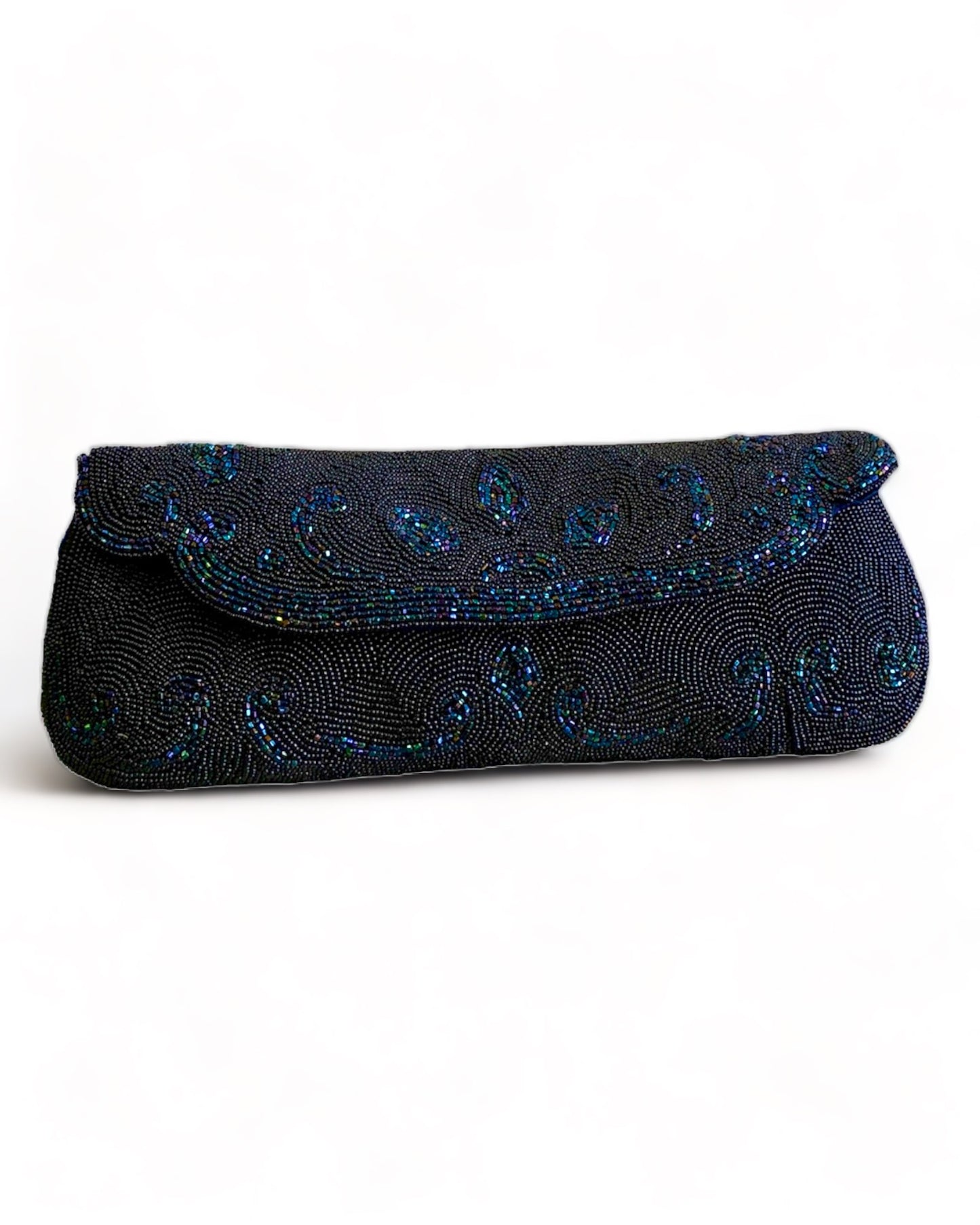 1950'S HANDMADE MIDNIGHT BLUE BEADED CLUTCH