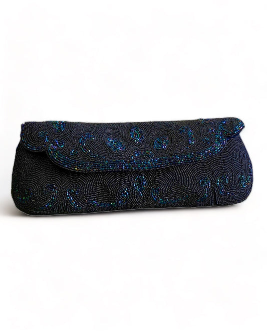 1950'S HANDMADE MIDNIGHT BLUE BEADED CLUTCH