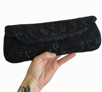 1950'S HANDMADE MIDNIGHT BLUE BEADED CLUTCH